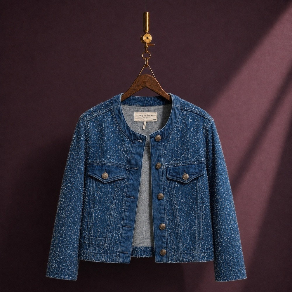 Rag & Bone Cora Tweed Denim Jacket Blue Nubby Textured Collarless M